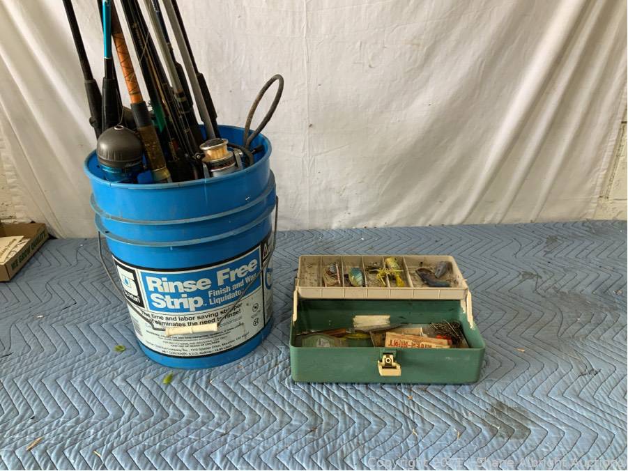 BUCKET OF FISHING RODS AND REELS AND TACKLE BOX WITH A SMALL