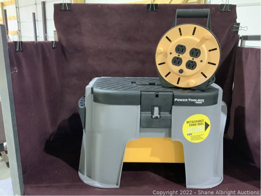 Power tool box by Lasko with a detachable cord reel three trays inside  Auction | Shane Albright Auctions